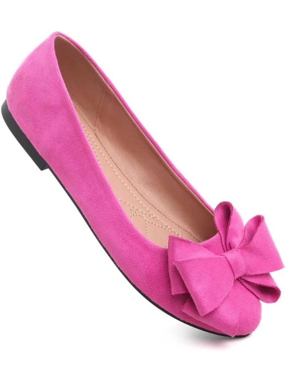 Women's Round Rose Red Suede Fashion Bowknot Flats Comfort Pointed Toe Shoes - Picture 7 of 7
